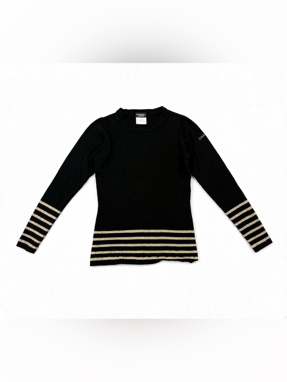 CHANEL UNIFORM Black Knit Sweater Gold Stripe XS Wool
